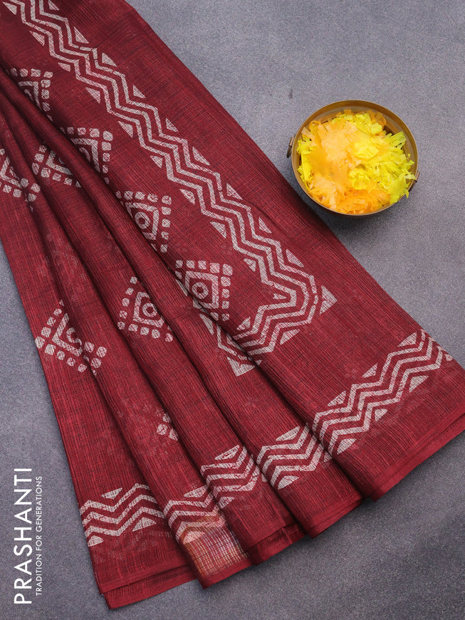 Jute cotton saree maroon with butta prints and printed border