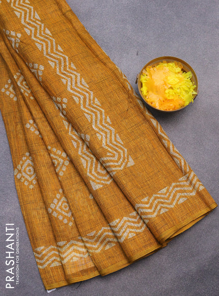 Jute cotton saree mustard yellow with butta prints and printed border