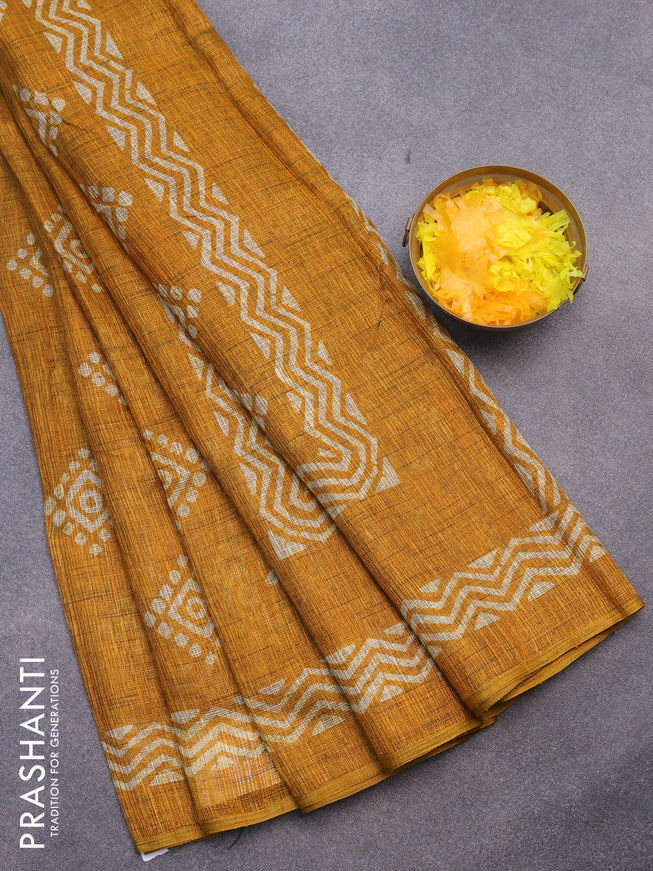 Jute cotton saree mustard yellow with butta prints and printed border