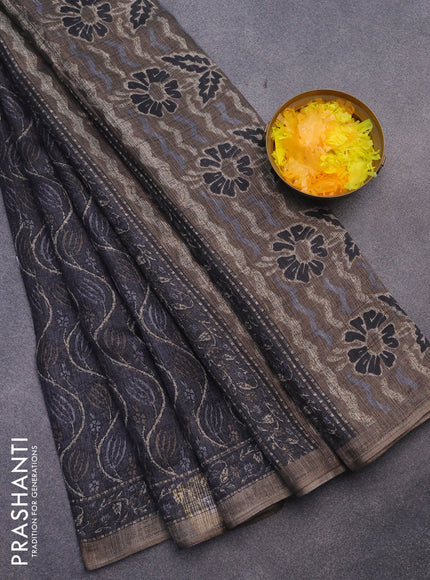 Jute cotton saree elephant grey and grey with allover prints and printed border