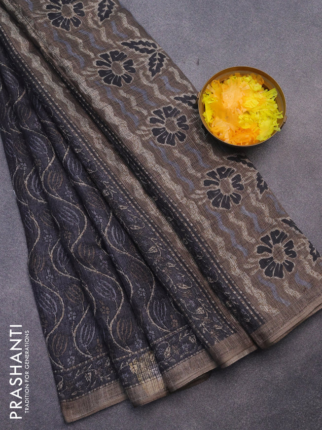 Jute cotton saree elephant grey and grey with allover prints and printed border