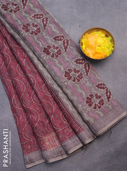 Jute cotton saree maroon shade and grey with allover prints and printed border