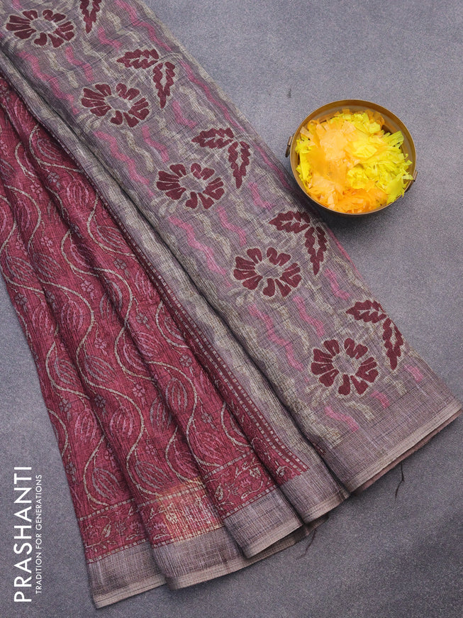 Jute cotton saree maroon shade and grey with allover prints and printed border