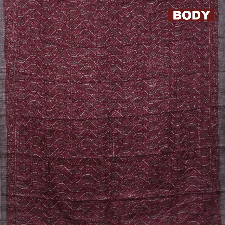 Jute cotton saree maroon shade and grey with allover prints and printed border