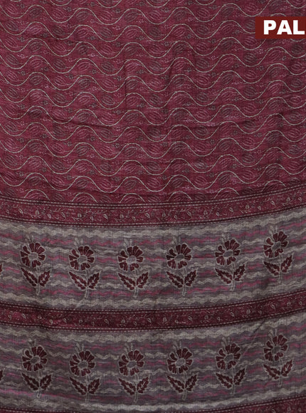 Jute cotton saree maroon shade and grey with allover prints and printed border