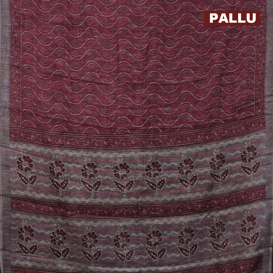 Jute cotton saree maroon shade and grey with allover prints and printed border