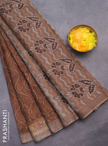 Jute cotton saree rust shade and brown with allover prints and printed border