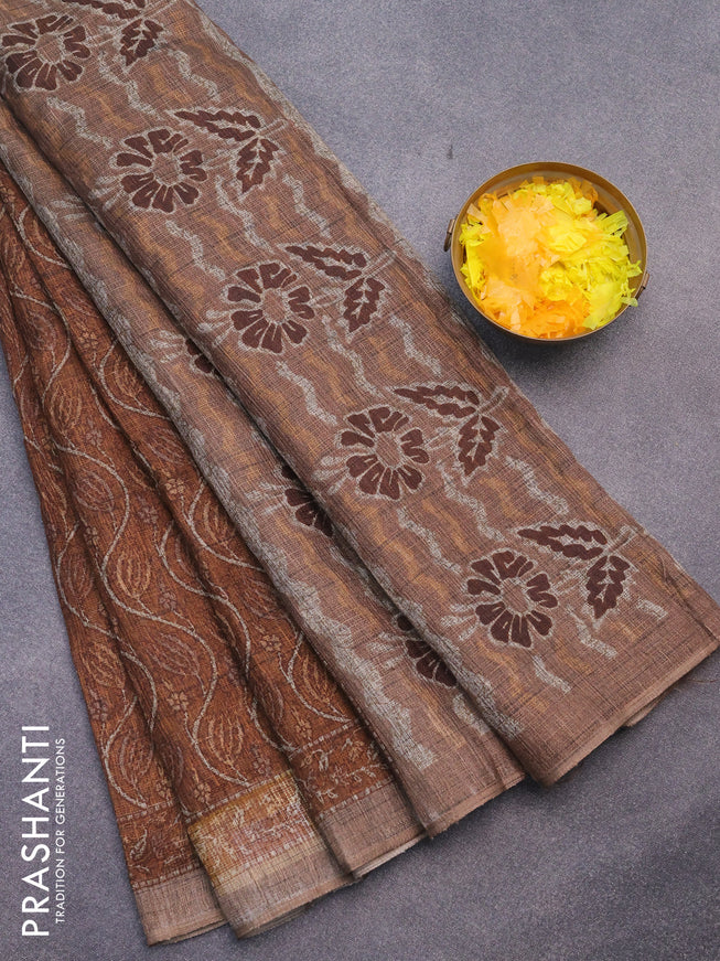 Jute cotton saree rust shade and brown with allover prints and printed border