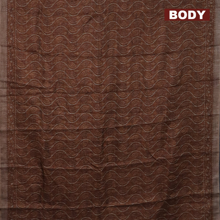 Jute cotton saree rust shade and brown with allover prints and printed border