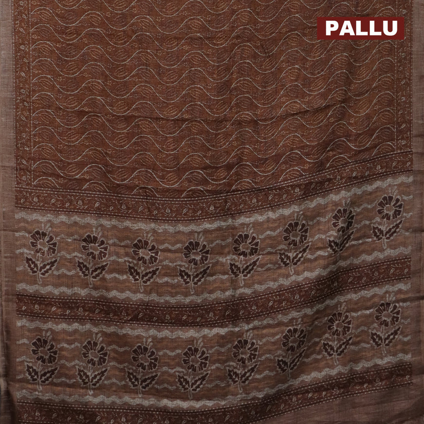 Jute cotton saree rust shade and brown with allover prints and printed border