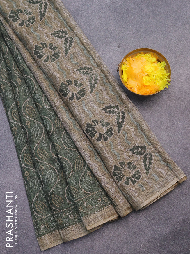 Jute cotton saree sap green with allover prints and printed border