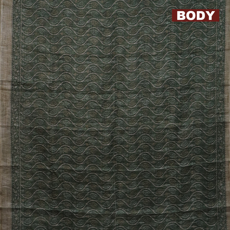 Jute cotton saree sap green with allover prints and printed border