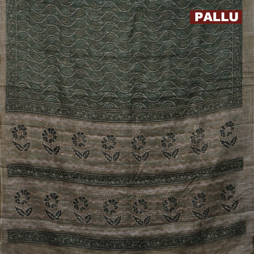 Jute cotton saree sap green with allover prints and printed border