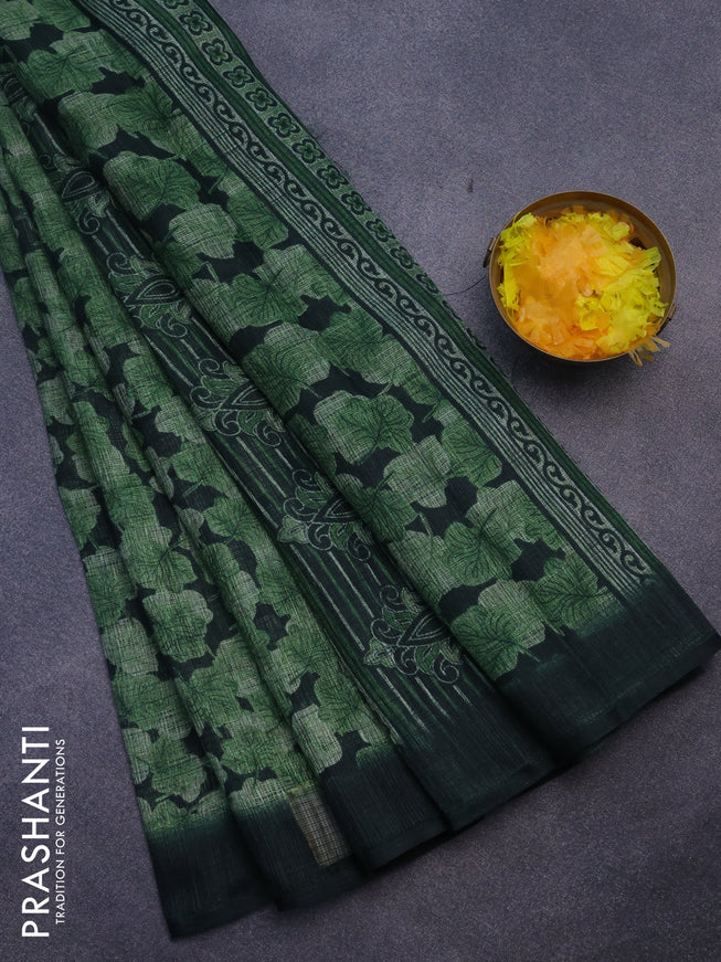 Jute cotton saree bottle green and green with allover leaf prints and simple border