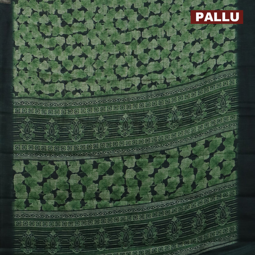 Jute cotton saree bottle green and green with allover leaf prints and simple border