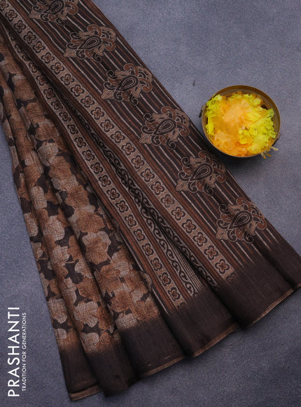 Jute cotton saree brown with allover leaf prints and simple border