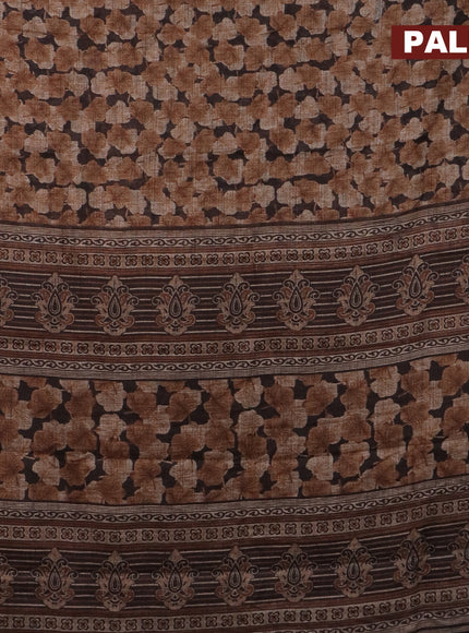 Jute cotton saree brown with allover leaf prints and simple border