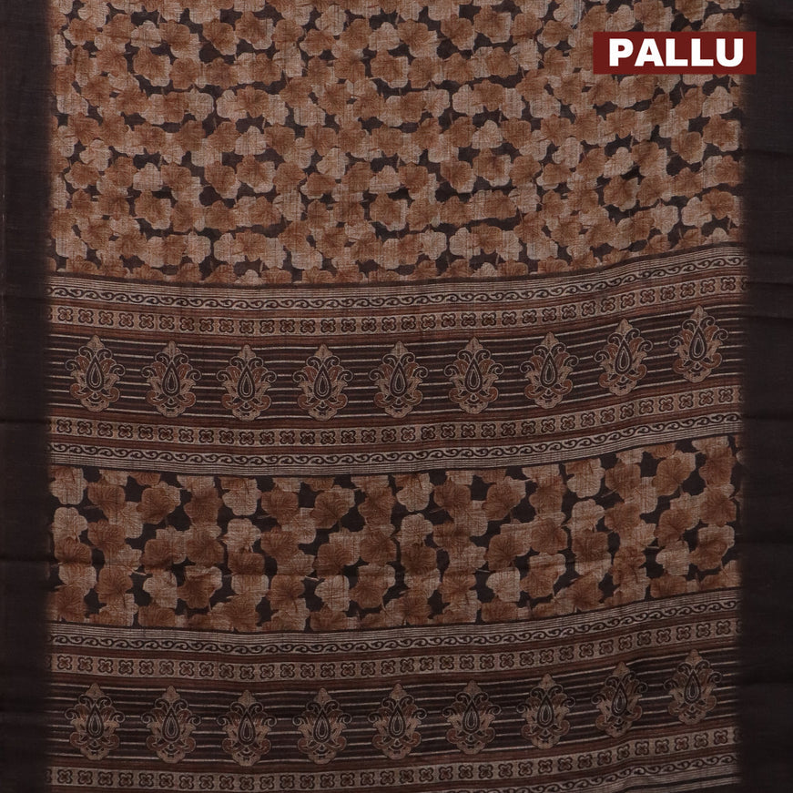 Jute cotton saree brown with allover leaf prints and simple border