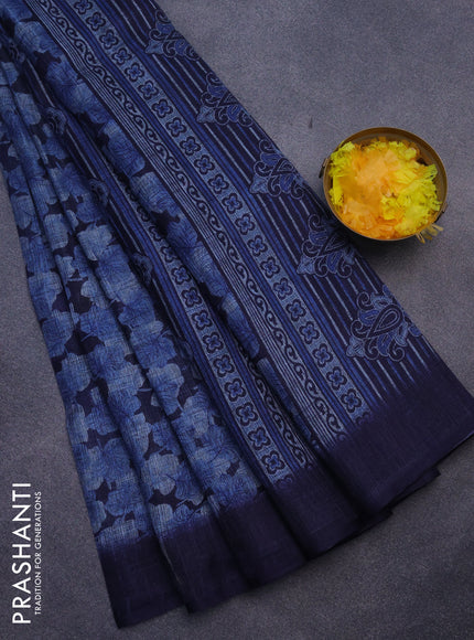 Jute cotton saree dark blue and blue with allover leaf prints and simple border