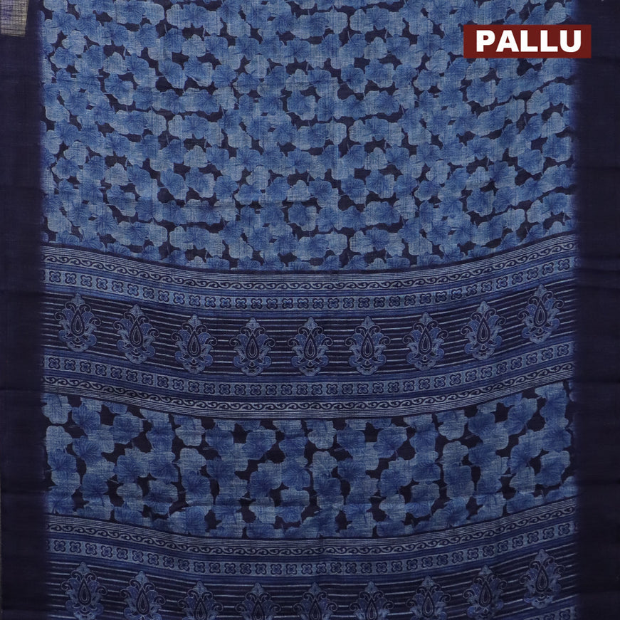 Jute cotton saree dark blue and blue with allover leaf prints and simple border