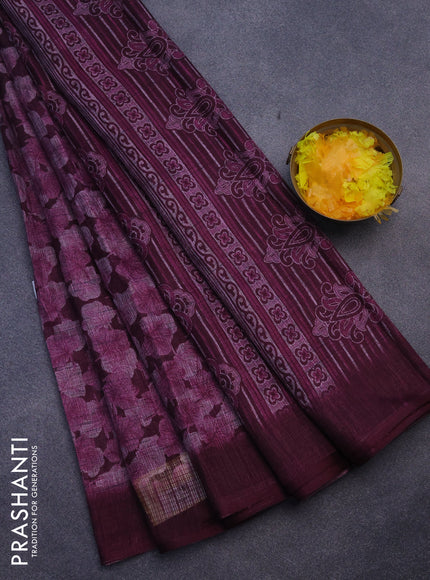 Jute cotton saree wine shade with allover leaf prints and simple border