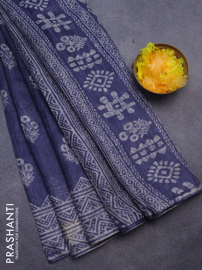 Jute cotton saree blue with butta prints and printed border