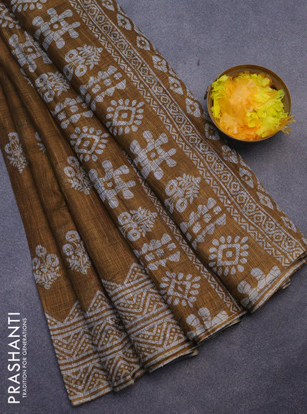 Jute cotton saree dark mustard with butta prints and printed border