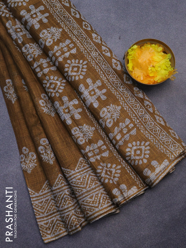 Jute cotton saree dark mustard with butta prints and printed border