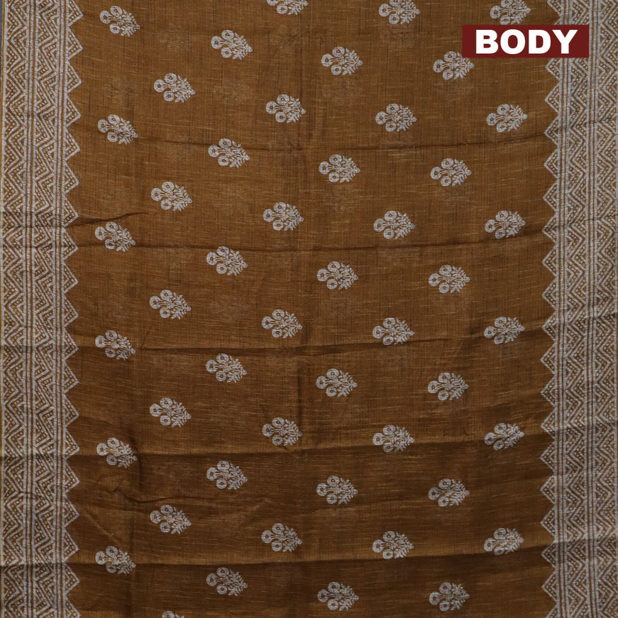 Jute cotton saree dark mustard with butta prints and printed border