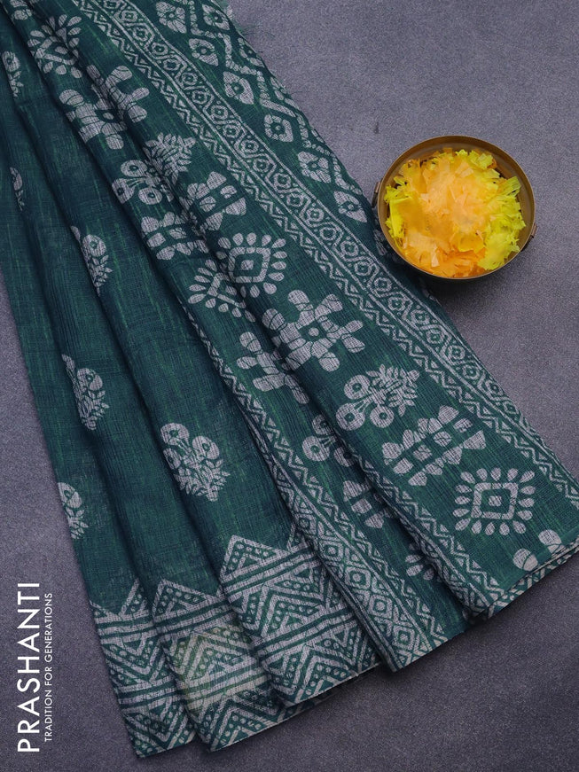 Jute cotton saree peacock blue with butta prints and printed border