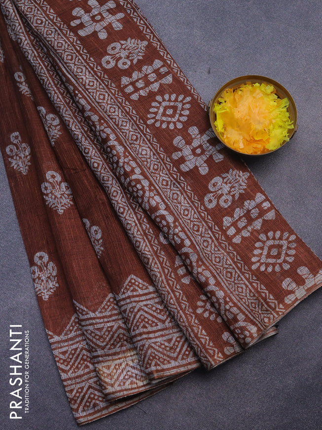 Jute cotton saree rust shade with butta prints and printed border