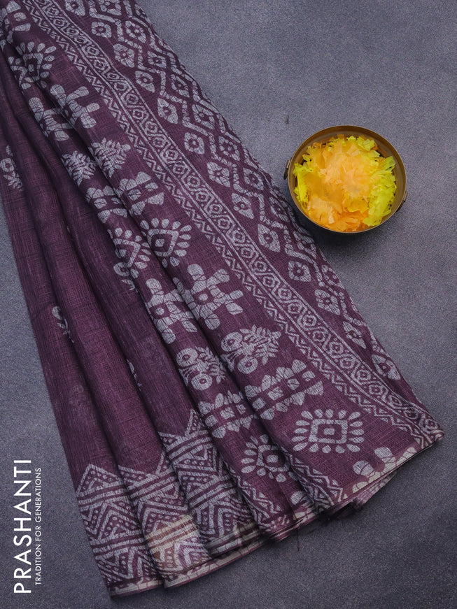 Jute cotton saree purple shade with butta prints and printed border