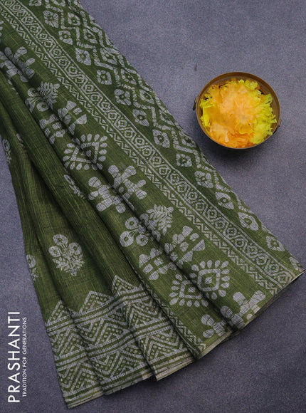 Jute cotton saree sap green with butta prints and printed border