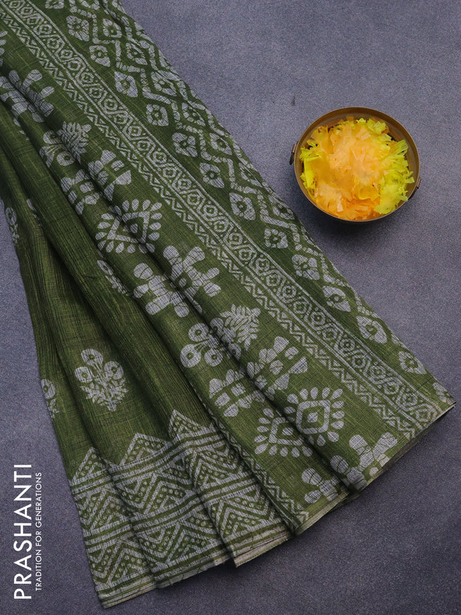 Jute cotton saree sap green with butta prints and printed border