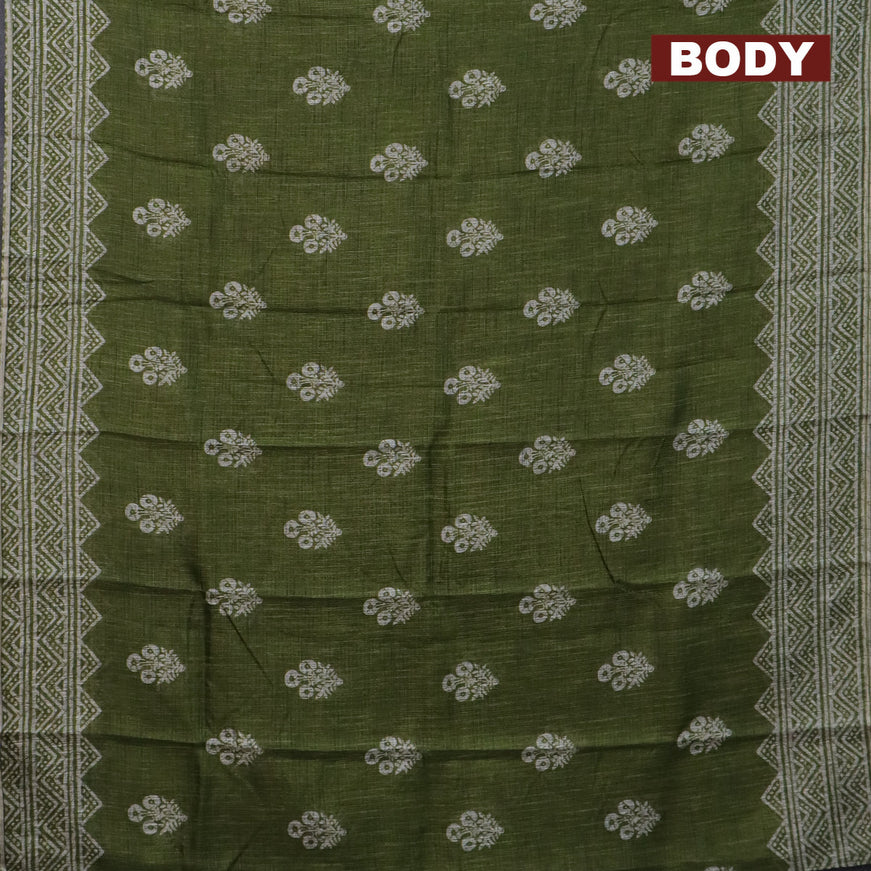 Jute cotton saree sap green with butta prints and printed border