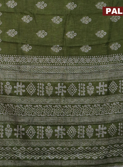 Jute cotton saree sap green with butta prints and printed border