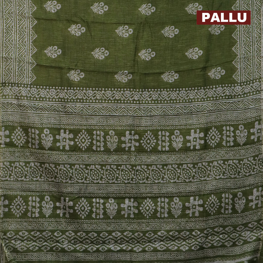 Jute cotton saree sap green with butta prints and printed border