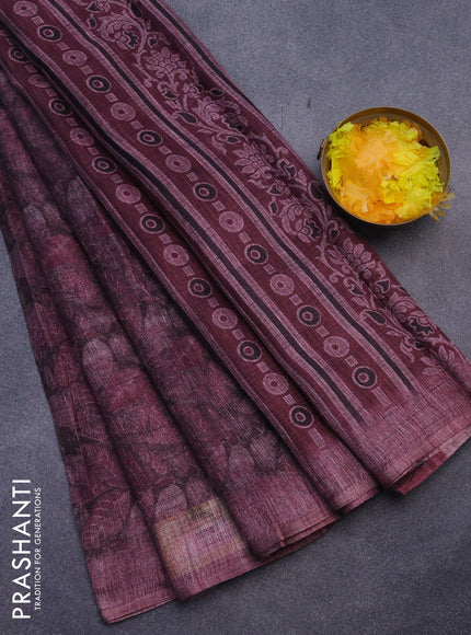 Jute cotton saree mauve pink with allover leaf prints and simple border