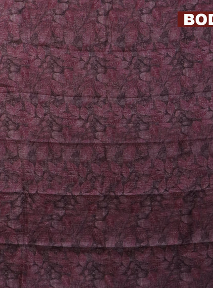 Jute cotton saree mauve pink with allover leaf prints and simple border