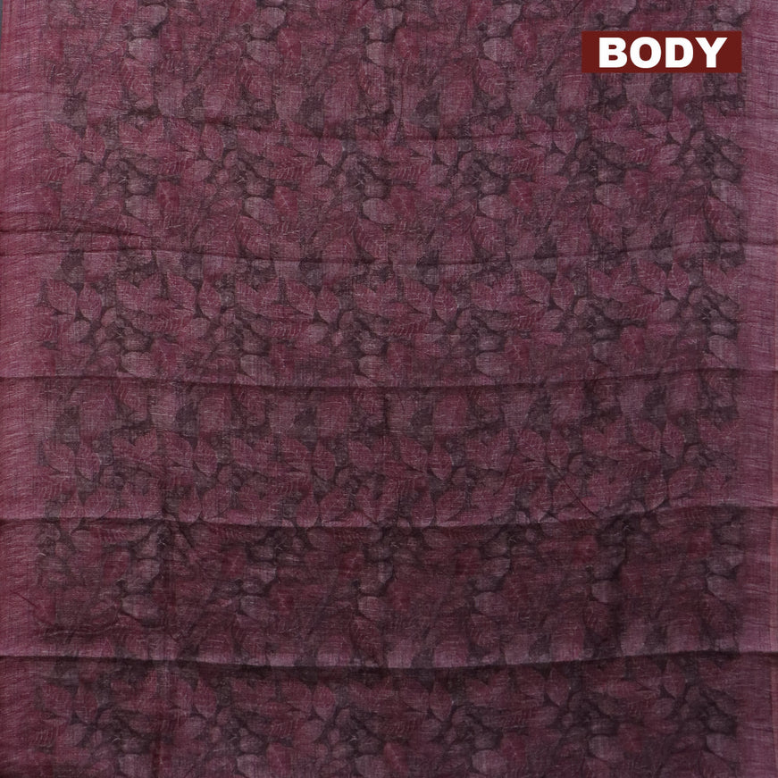 Jute cotton saree mauve pink with allover leaf prints and simple border