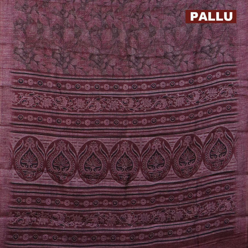 Jute cotton saree mauve pink with allover leaf prints and simple border