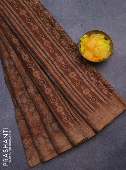 Jute cotton saree brown and rust shade with allover leaf prints and simple border