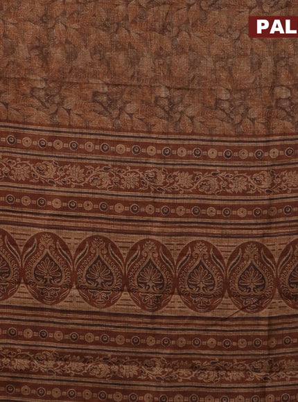 Jute cotton saree brown and rust shade with allover leaf prints and simple border