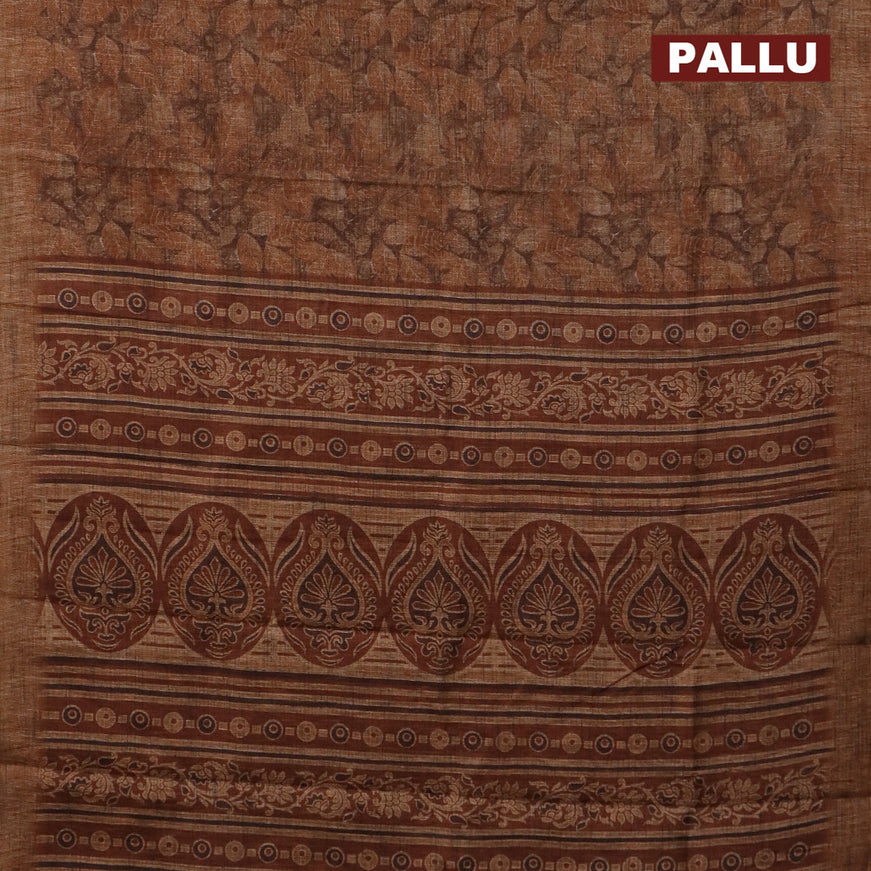 Jute cotton saree brown and rust shade with allover leaf prints and simple border