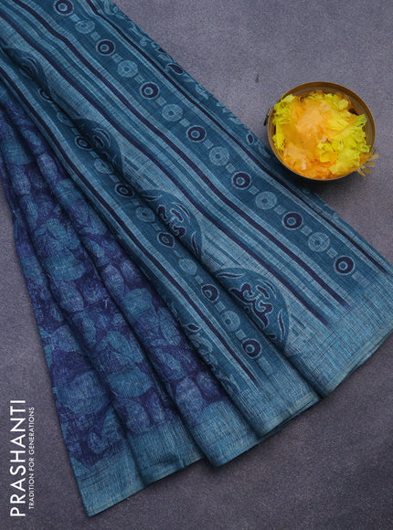 Jute cotton saree dark blue and teal blue with allover leaf prints and simple border