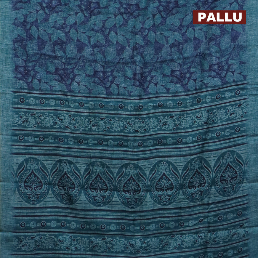 Jute cotton saree dark blue and teal blue with allover leaf prints and simple border