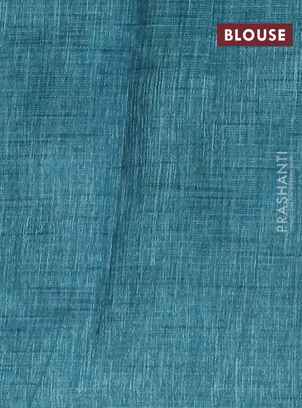 Jute cotton saree dark blue and teal blue with allover leaf prints and simple border