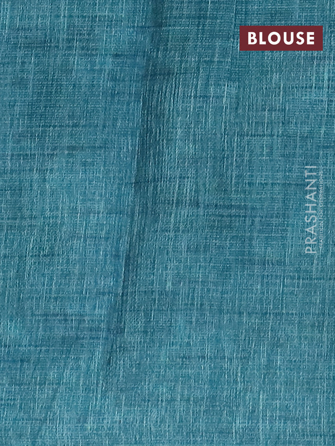 Jute cotton saree dark blue and teal blue with allover leaf prints and simple border