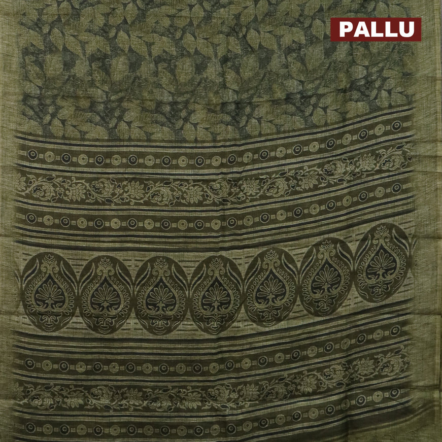 Jute cotton saree dark sap green and mehendi green with allover leaf prints and simple border