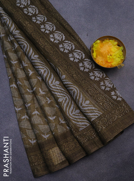 Jute cotton saree mehendi green with allover prints and printed border